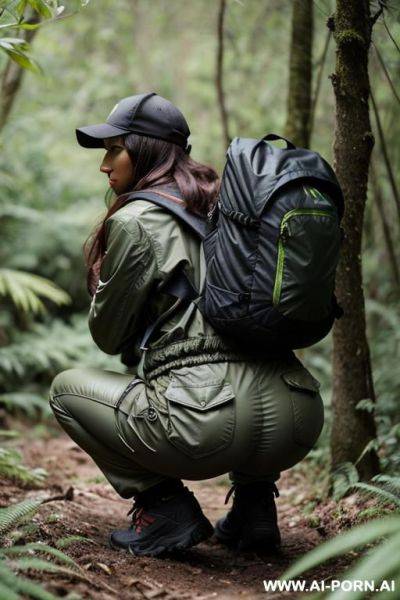 Woman squatting in underbrush on moist soil, backpack, jacket, pants, hiker, backview - ai-porn.ai on pornintellect.com