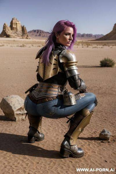 Woman squatting on wet spot, in desert, jacket, jeans - ai-porn.ai on pornintellect.com