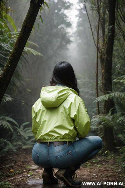 Woman squatting on wet spot, in underbrush, jacket, jeans - ai-porn.ai on pornintellect.com