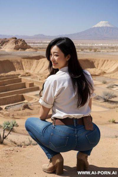 Squatting in desert, shirt and jeans, view from behind - ai-porn.ai on pornintellect.com
