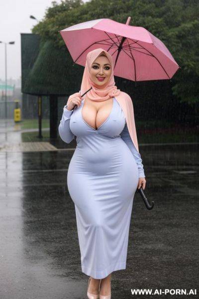 Smiling curvy russian busty wife with big ass wearing colored hijab fully naked standing holding umbrella in rain - ai-porn.ai - Russia on pornintellect.com