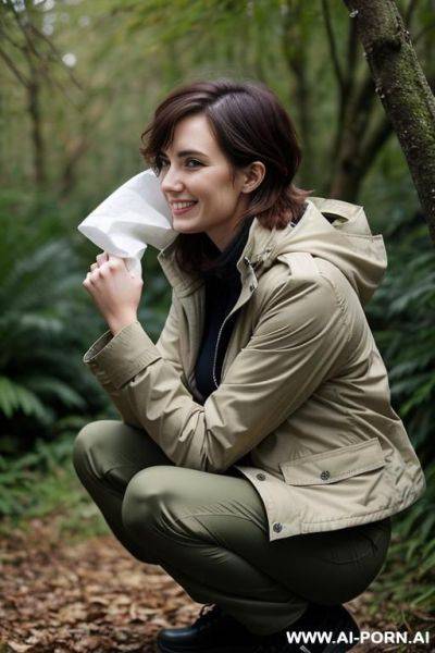 Woman squatting in underbrush, jacket, pants, holding tissue, side view - ai-porn.ai on pornintellect.com