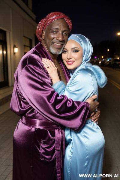Smiling curvy russian busty wife wearing colored hijab and silky robe exhibition fully naked hugged from old black homeless man - ai-porn.ai - Russia on pornintellect.com