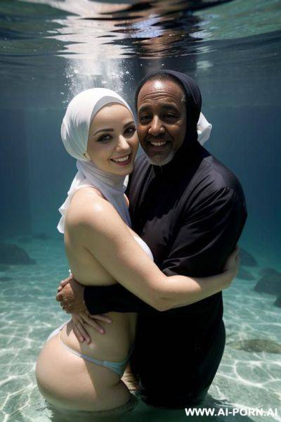 Smiling curvy russian busty women wearing hijab hugged from old black man underwater - ai-porn.ai - Russia on pornintellect.com