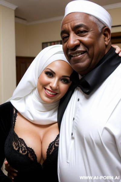 Smiling curvy russian brunette busty bride wearing white hijab hugged from old black man - ai-porn.ai - Russia on pornintellect.com