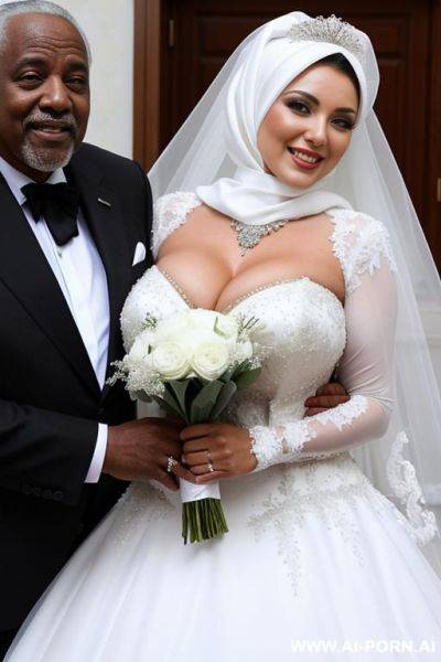 Smiling curvy russian brunette busty bride wearing white hijab and wedding dress hugged from old black man - ai-porn.ai - Russia on pornintellect.com