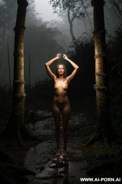 Nude woman, tied to a post, hands tied above head, in a clearing, jungle, torchlight, wet, rain, fog, mud splatter, dark, night, fire light, dramatic lighting - ai-porn.ai on pornintellect.com