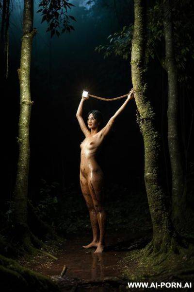 Nude woman, tied to a post, hands bound, above head, in a clearing, jungle, torchlight, wet, rain, fog, mud splatter, dark, night, fire light, dramatic lighting - ai-porn.ai on pornintellect.com