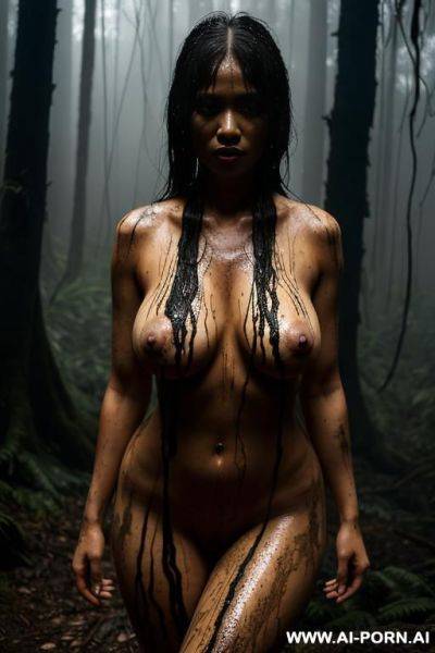 Nude woman, tied to a tree, hands tied, in a clearing, jungle, wet, rain, fog, mud splatter, dark, night, fire light, dramatic lighting - ai-porn.ai on pornintellect.com