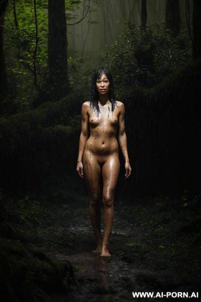Nude woman, tied to a post, hands bound, in a clearing, jungle, torchlight, wet, rain, fog, mud splatter, dark, night, fire light, dramatic lighting - ai-porn.ai on pornintellect.com