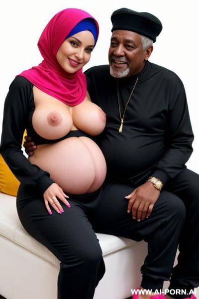 Smiling curvy russian brunette busty pregnant wife fully naked wearing colored hijab sitting on the lap of old black man in disco - ai-porn.ai - Russia on pornintellect.com
