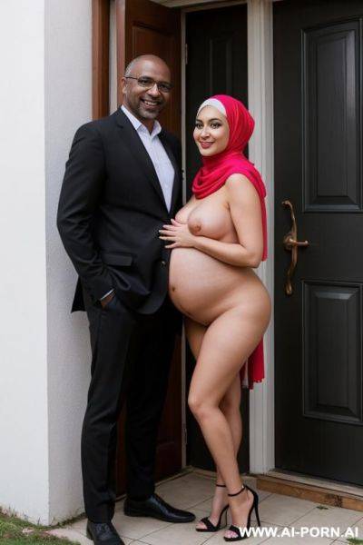 Smiling curvy russian brunette busty pregnant wife fully naked wearing colored hijab hugged from old black delivery man in front of house door - ai-porn.ai - Russia on pornintellect.com