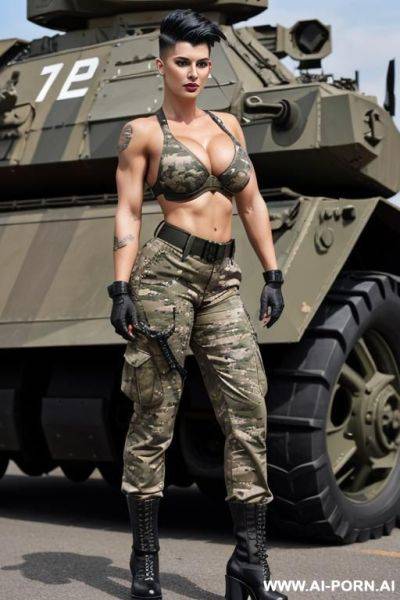 Soldier with muscular toned body. black camouflage trousers. combat boots. black army helmet. short hairstyle with shaved sides. big tits. military tags. - ai-porn.ai on pornintellect.com