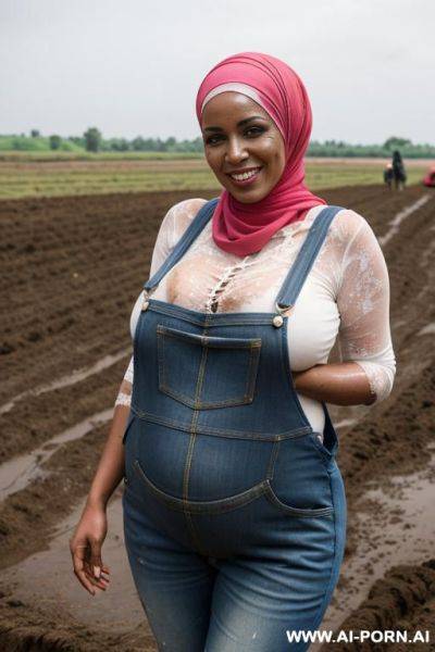 Smiling curvy russian brunette busty pregnant wife naked wearing colored hijab hugged from old black man smeared with mud in farm - ai-porn.ai - Russia on pornintellect.com