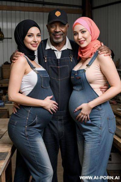 Smiling curvy russian brunette busty pregnant wife naked wearing colored hijab hugged from two old black men in workshop - ai-porn.ai - Russia on pornintellect.com