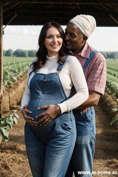 Smiling curvy russian brunette busty pregnant wife naked wearing colored hijab hugged from old black man in farm - ai-porn.ai - Russia on pornintellect.com
