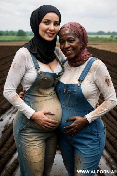 Smiling curvy russian brunette busty pregnant wife naked wearing colored hijab hugged from old black man stained with mud in farm - ai-porn.ai - Russia on pornintellect.com