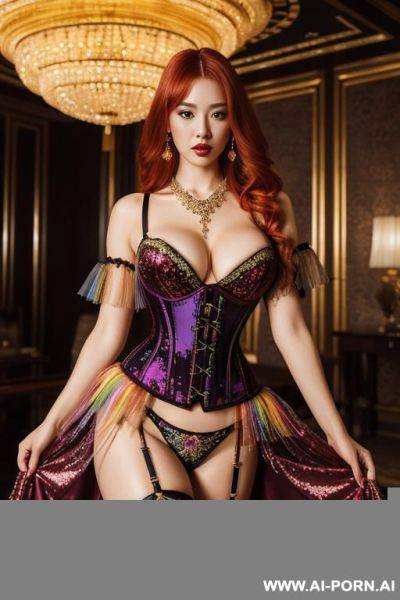 Chinese，rainbow light red sequin corset，see through tutu skirt， mesh robe，rainbow gold sequin bra ,necklace，rainbow large pointed thigh-high boots - ai-porn.ai - China on pornintellect.com