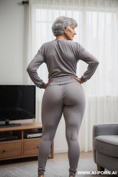 Back view, 0 year old grandmother, full body, standing, short gray hair, lady, clearly visible age marks, triangular hips, thick thighs, hands on hips, gay legging and bra, living room in front of the television - ai-porn.ai on pornintellect.com
