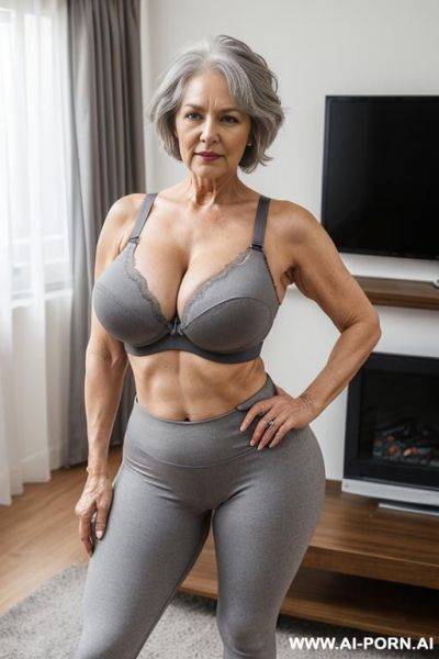 0 year old grandmother, full body, standing, short gray hair, lady, clearly visible age marks, triangular hips, thick thighs, hands on hips, gay legging and bra, living room in front of the television - ai-porn.ai on pornintellect.com