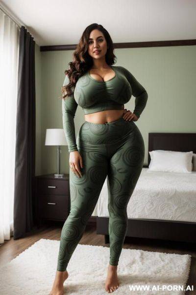 Green pattern yoga pants, white long sleeve crop top - ai-porn.ai on pornintellect.com