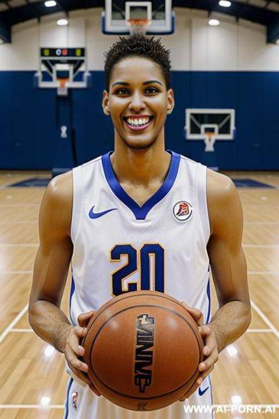Tall basketball player, totally naked, perfect body, basketball court, very detailed, ultra realistic - ai-porn.ai on pornintellect.com