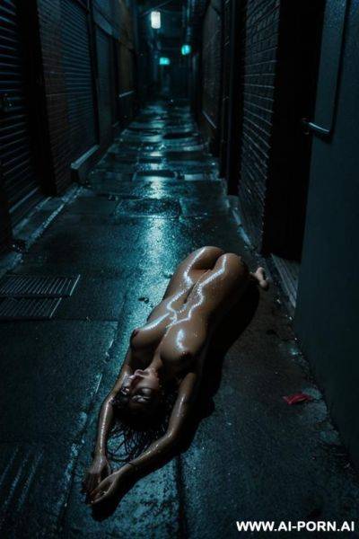 Nude woman, lying on the ground, in an alley, night, dark, neon lights, eyes closed, sleeping, dirty, wet - ai-porn.ai on pornintellect.com