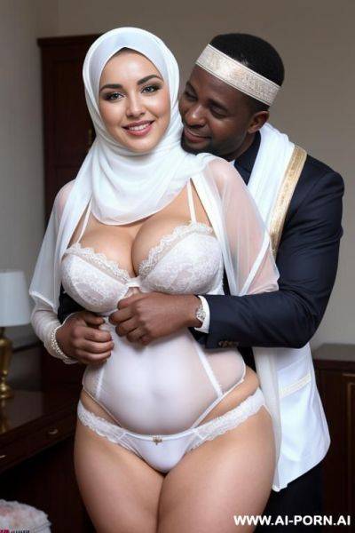 Smiling curvy russian brunette busty milf wearing white hijab and bridal lingerie hugged from african man - ai-porn.ai - Russia on pornintellect.com