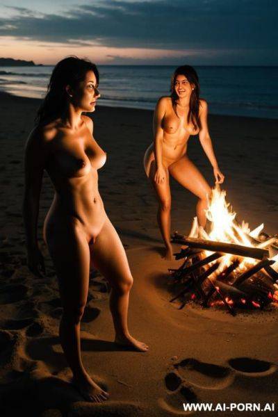 Totally naked, beach, bonfire, night, two women - ai-porn.ai on pornintellect.com
