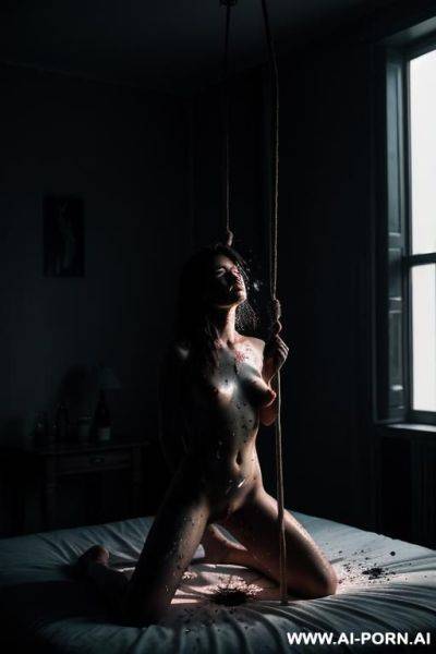 Nude woman, suspended by ropes, kneeling on a bed, in bedroom, eyes closed, head down, night, dramatic lighting, candles, dirty, black splatter, red light, lit from front and below - ai-porn.ai on pornintellect.com