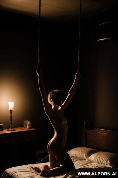 Nude woman, suspended by ropes above a bed, in bedroom, dark, dramatic lighting, candles, dirty, black splatter, red light, lit from below - ai-porn.ai on pornintellect.com