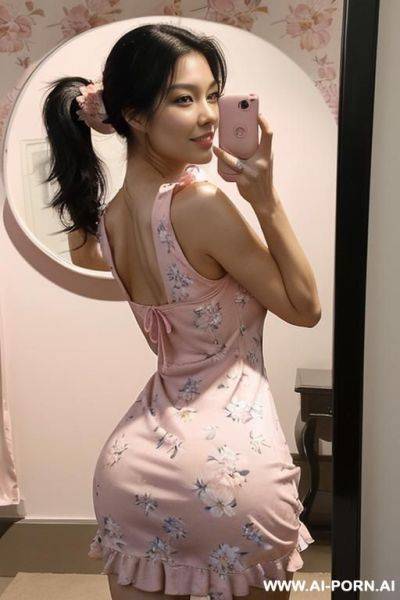 ((((self-shot in the mirror)))) of a half-french and (half-korean) supermodel, gorgeous and 165cm tall, wearing a ((((sleeveless, pink sundress rned with floral patterns and with a fitted bodice)))). - ai-porn.ai - North Korea - France on pornintellect.com
