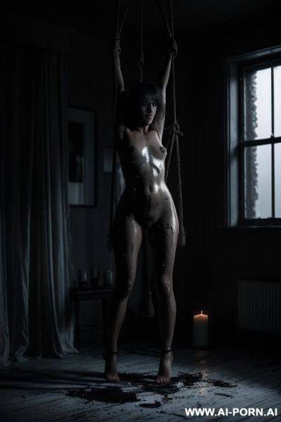 Nude woman, suspended by ropes, in bedroom, dark, dramatic lighting, candles, dirty, black splatter - ai-porn.ai on pornintellect.com