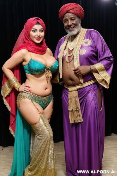 Smiling curvy russian brunette chubby wife with messy haircut wearing colored hijab and belly dancing costume standing with old african man - ai-porn.ai - Russia on pornintellect.com