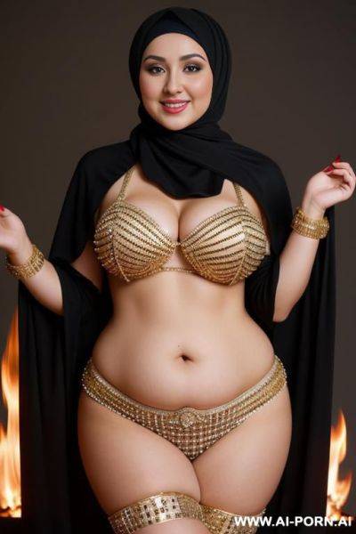 Smiling curvy russian brunette chubby wife wearing hijab and belly dancing costume on fire - ai-porn.ai - Russia on pornintellect.com