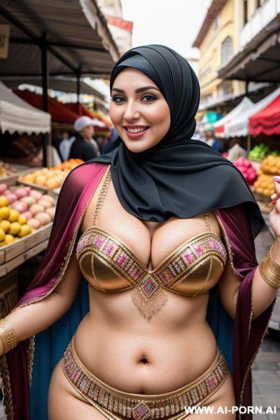 Smiling curvy russian brunette chubby wife wearing hijab and belly dancing costume in market - ai-porn.ai - Russia on pornintellect.com