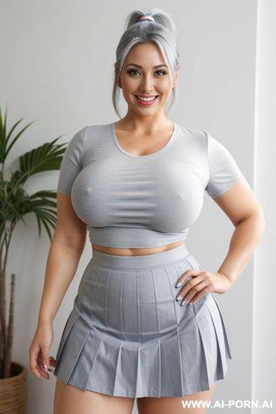 Grey hair, ponytail, humongous breasts, tight short sleeve white blouse, blue pleated skirt, smile, thick body, fit body - ai-porn.ai on pornintellect.com