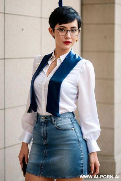 Woman with short hair and glasses wearing a white blouse and denim skirt - ai-porn.ai on pornintellect.com