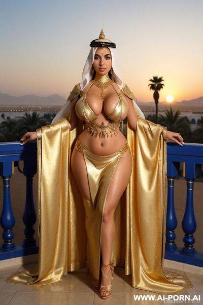 Busty woman with gigantic full saggy milky boobs. gold tall lace high heels. ((big bell shaped boobs)). gold choker, earrings, ankle chain, thigh chain. gold armband. gold thigh bracelet. palm - ai-porn.ai on pornintellect.com