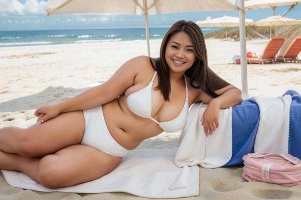 (((arm support))), (((on side))), a fat chubby shorty filipina milf is posing in the beach. she is wearing a white bikini and wedge sandals. she has blonde highlights in her hair. the woman - ai-porn.ai on pornintellect.com