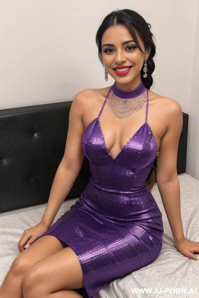 Sexy mexican woman, braided hair, diamond choker, tight purple dress, smiling - ai-porn.ai - Mexico on pornintellect.com