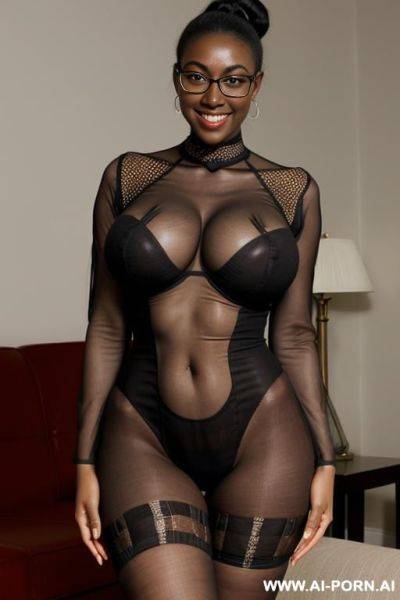 Twenty years, african teacher, ((((extremely dark skin)))), slutty tutor, round face, happy, smiling, submissive, pleasing, horny, black hair bun, glasses, fit figure, ((((extremely massive breasts)))), - ai-porn.ai on pornintellect.com