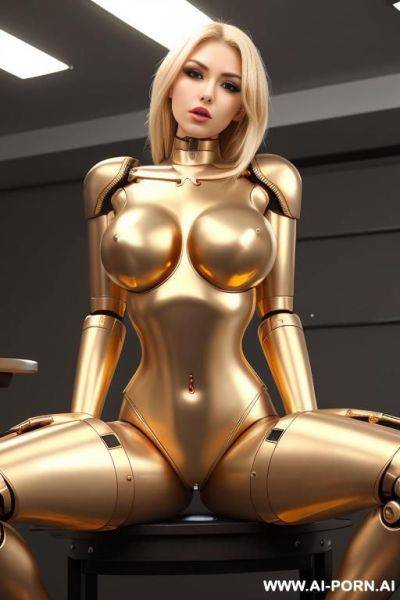 Sexy blonde robot with fully metallic body and huge tits being taken into parts on a table, inside robotic parts visible inside the chest, full body view - ai-porn.ai on pornintellect.com