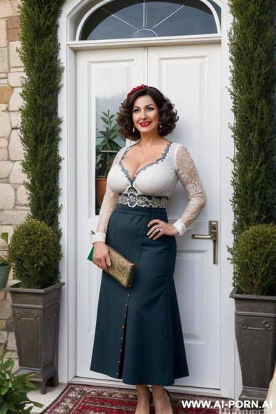 Realistic mom milf housewife, happy smile, eye contact, beautiful supermodel face, sexy makeup, standing by opened entry door - ai-porn.ai on pornintellect.com