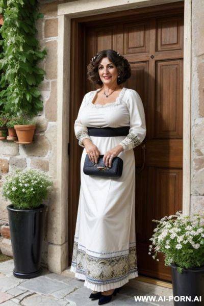Realistic mom milf housewife, happy smile, (eye contact), beautiful supermodel face, sexy makeup, standing by opened entry door - ai-porn.ai on pornintellect.com