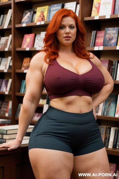 Beautiful redhead obese housewife, sexy and buxom, looking in a bookstore, wearing a tight crop top and tight shorts, nice cleavage, strong muscular obese body standing, showing off her massive - ai-porn.ai on pornintellect.com