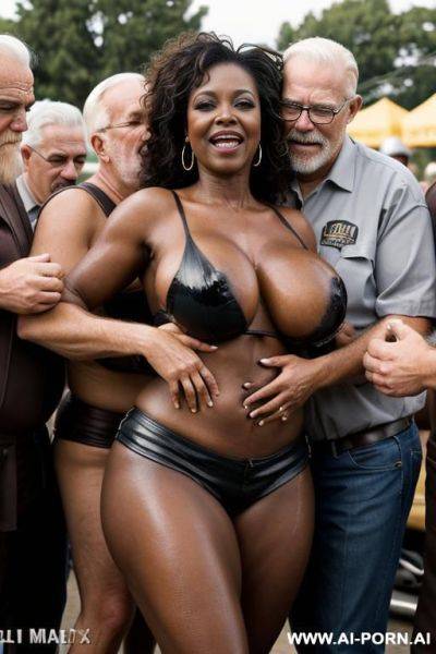 ((((next many oldmen hugging tits)))) at dusk at the outdoor motorcycle coustom festival pretty african milf woman on stage bathes in beer a lot of beer suds lot leather men looks at her - ai-porn.ai on pornintellect.com