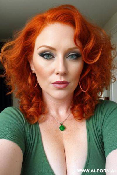 Chubby ginger milf, gorgoues ginger milf, beautiful make up, full lips, high cheek bones, long curly ginger hair, bright green eyes, - ai-porn.ai on pornintellect.com