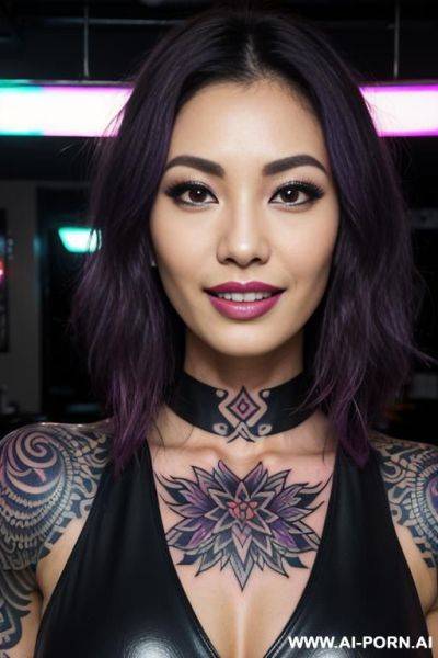 Close!, immersive expression, lovingly boastful japanese casual milf, loose wavy purple hair, closeup in decent dress, she is mild-tanned, abstract background, pleasure, lying, real-life sei-ra sodes-hiro! - ai-porn.ai - Japan on pornintellect.com