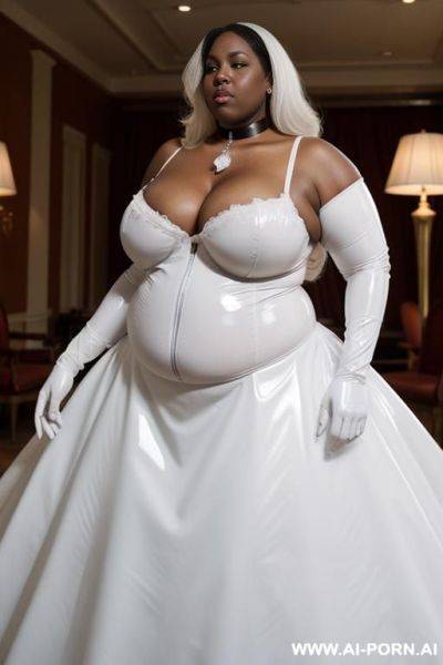 White latex ball gown; gloves; collar; gigantic huge boobs; obese; very big long nipples; - ai-porn.ai on pornintellect.com